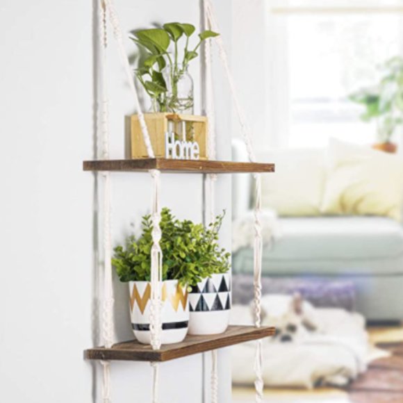 3 Tier Wood Shelving Macrame Hanging Boho Shelf Hi - Picture 2 of 2